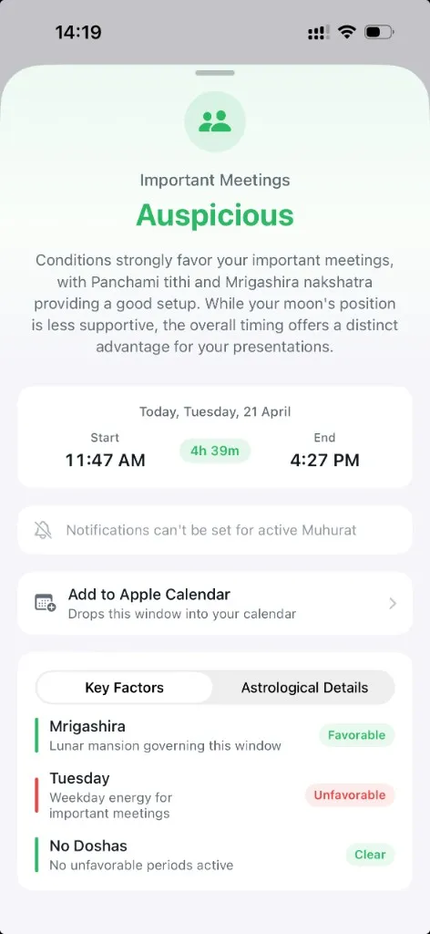 Important Meetings detail: Auspicious rating, Start 11:47 AM and End 4:27 PM (4h 39m), add to Apple Calendar, and a Key Factors breakdown showing Mrigashira as favorable, Tuesday as unfavorable, and no active doshas.