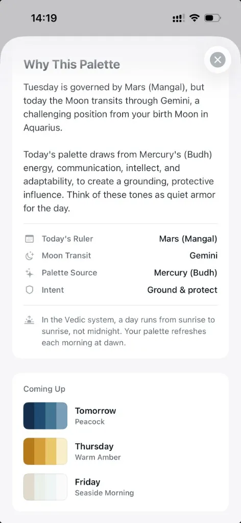 Why This Palette sheet: today's palette is Rainforest, sourced from Mercury (Budh). Shows today's ruler Mars, Moon transit in Gemini, intent to ground and protect, plus upcoming palettes for Tomorrow (Peacock), Thursday (Warm Amber), and Friday (Seaside Morning).