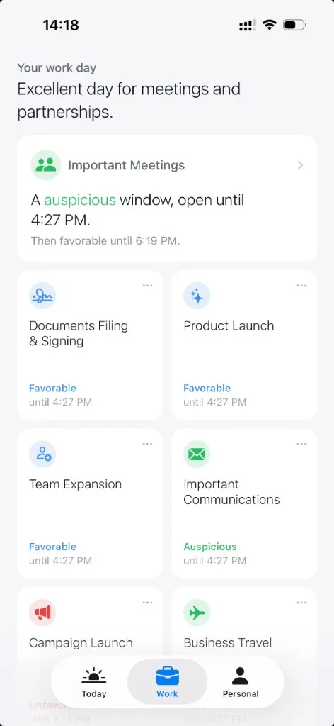 Work tab: a grid of activities including Important Meetings, Documents Filing, Product Launch, Team Expansion, Important Communications, Campaign Launch, and Business Travel, each with its own rating.